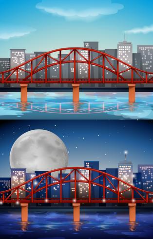 Vista de la ciudad con puente en día y noche. vector