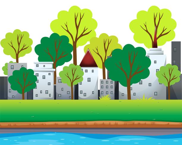 City buildings and trees along the river vector