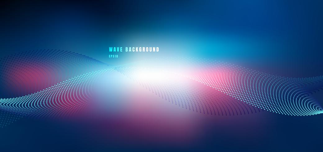 Abstract technology futuristic network design with particle blue and pink wave. Dynamic particles sound wave flowing on glowing dots dark background.  vector