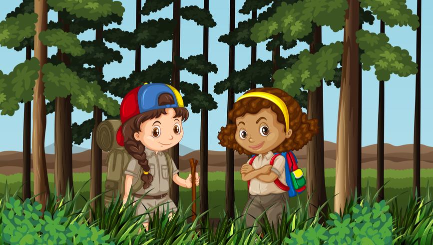 Two girls hiking in the jungle vector