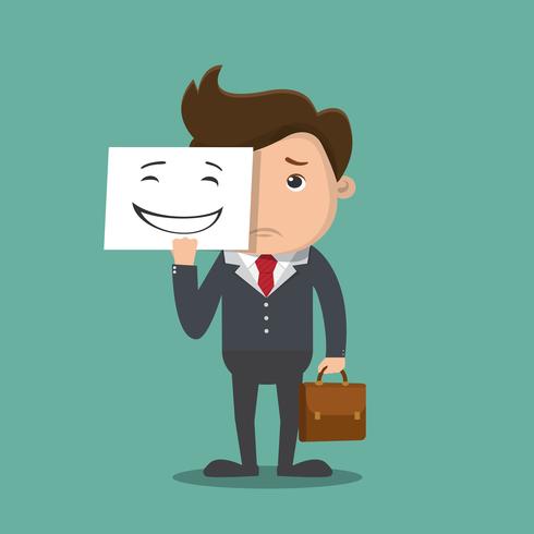 Business man holding sad mask.Concept business illustration. Vector. vector