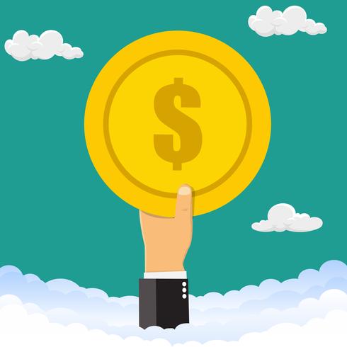 Hand holding money coins.The hand is holding a coin in the sky. Vector illustration.