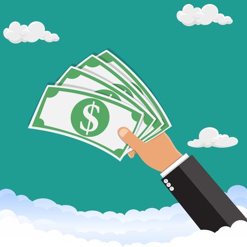 Hand holding money.The hand is holding money in the sky. Vector illustration.