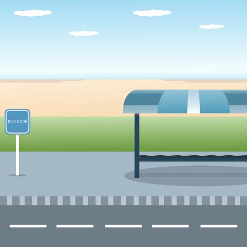 Bus stop design in with view sea beach flat vector illustration background