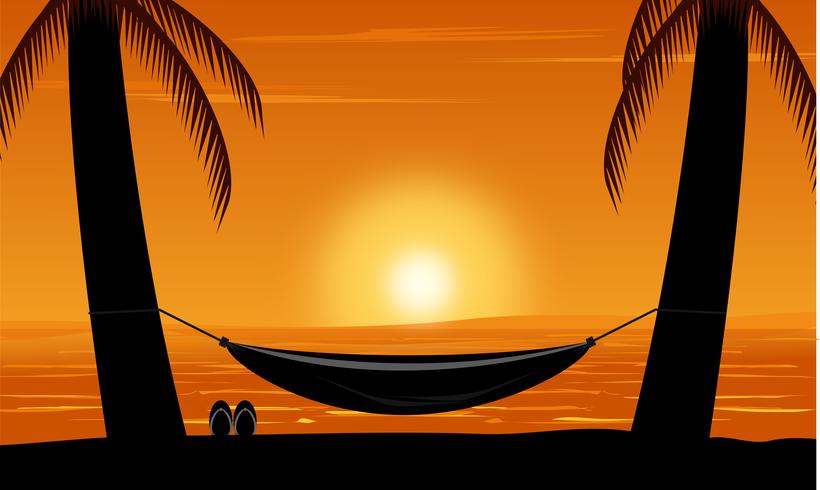 Silhouette of palm tree and hammock on beach under sunset sky background. Design summer vector illustration