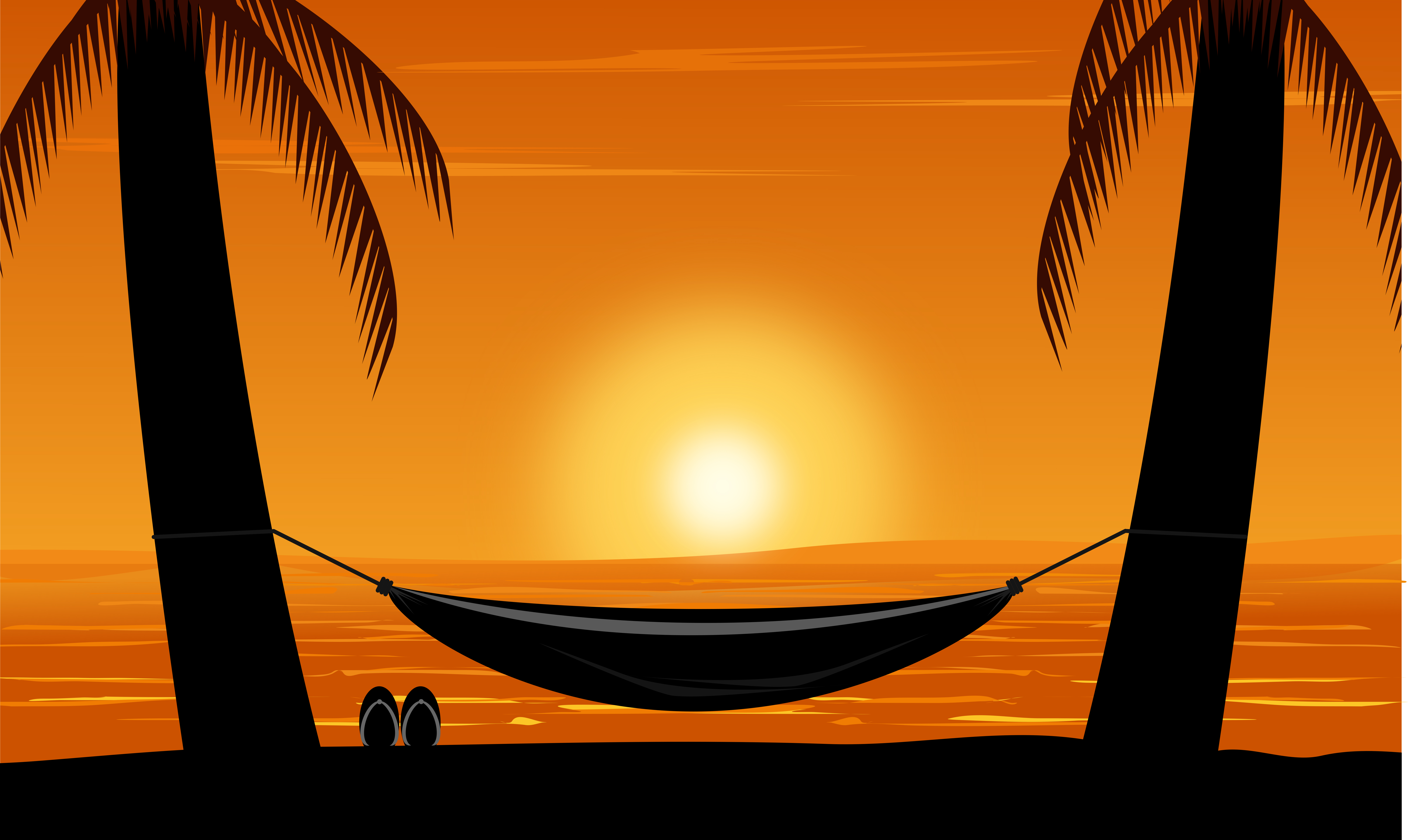 Silhouette Palm Tree With Hammock On Beach Under Sunset Sky Background