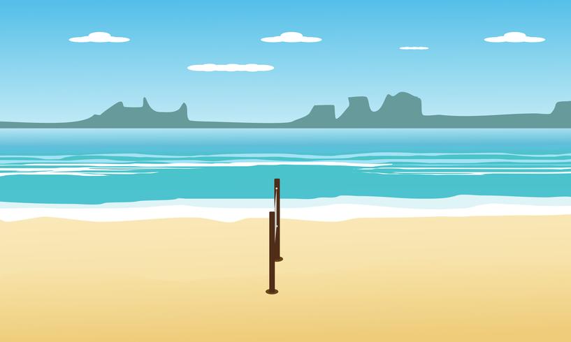 El voleibol en la playa en vacaciones de verano y el paisaje marino ven el fondo. ilustración vectorial de diseño vector