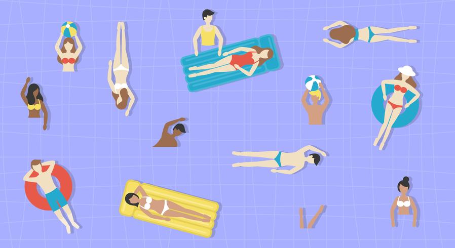 Vacaciones de verano, gente en vector de piscina