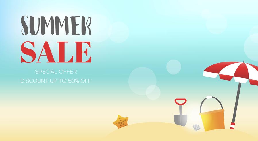 Summer Sale, Summer Beach view with beach equipment vector