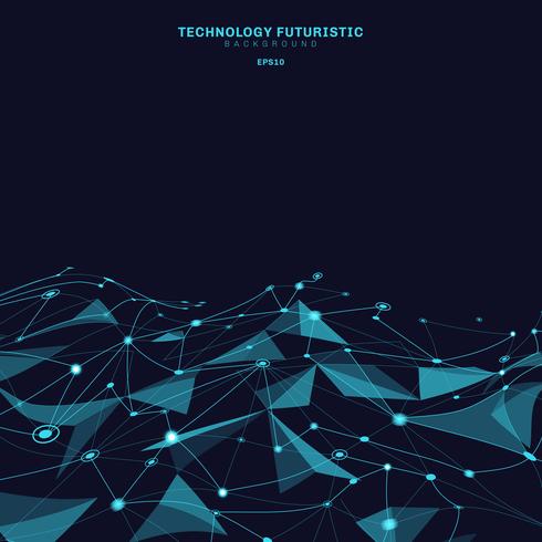 Triángulos abstractos formas poligonales sobre fondo azul oscuro que consiste en líneas y puntos en forma de planetas y concepto de tecnología de constelaciones. Conexión digital a internet. vector