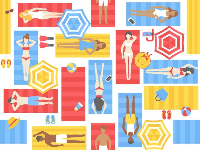 Sunbathing seamless pattern, different people on beach mat vector