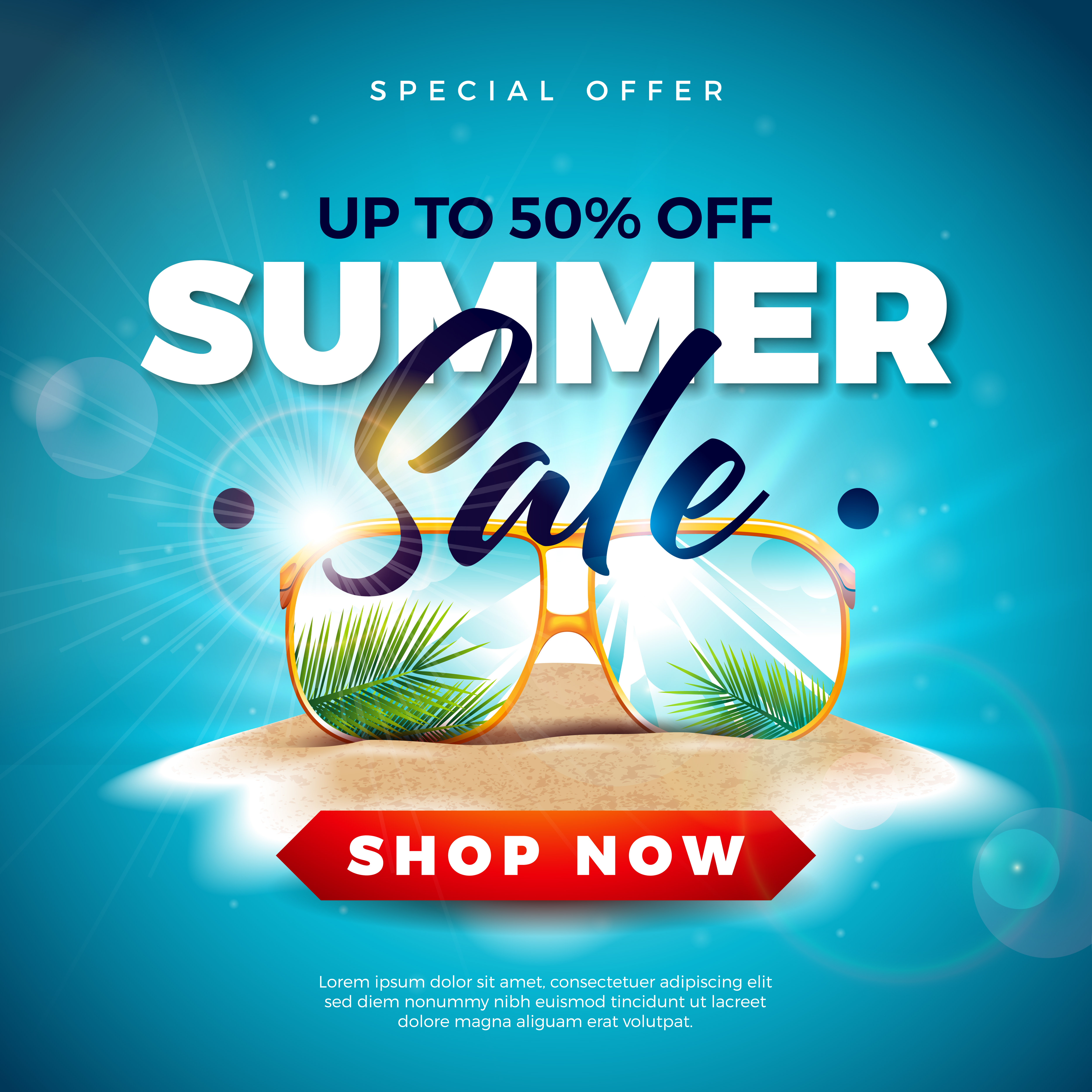 Download Summer Sale Design with Exotic Palm Leaves in Sunglasses on Tropical Island Background. Vector ...