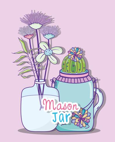 Mason jars with flowers vector