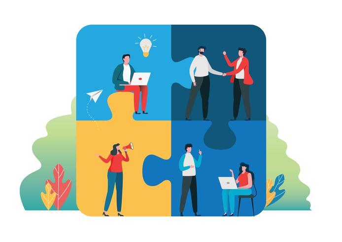Teamwork successful together concept. People Holding the big jigsaw puzzle piece. vector illustration.