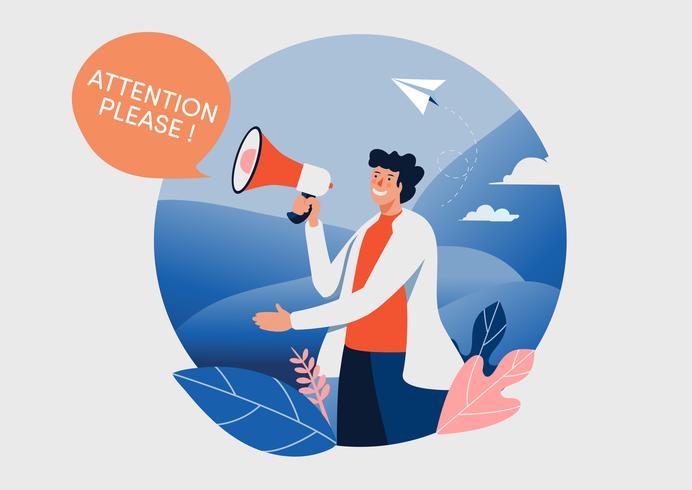The man and megaphone with attention please word.  vector illustration. 