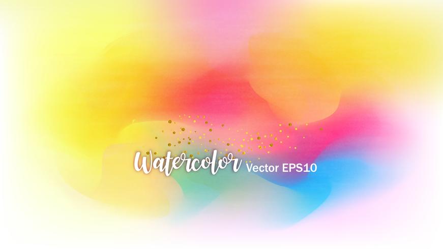 The color splashing in the paper. Watercolor brush strokes with gold glitter isolated on white. Creative illustration. Artistic color palette. Fashion background.  vector