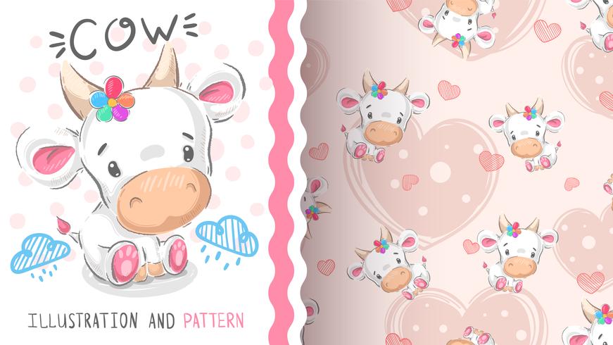 Cute teddy cow - seamless pattern vector