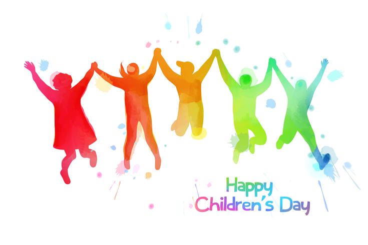 Watercolor of happy kids jumping together . Happy children's day.  vector