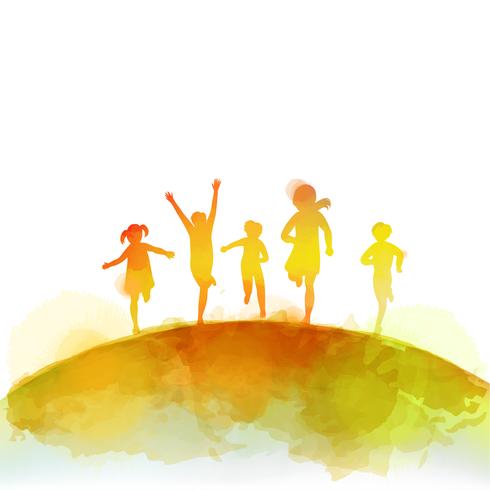 Watercolor of happy kids jumping together . Happy children's day.  vector