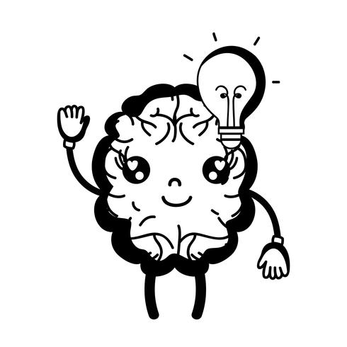 contour kawaii happy brain with bulb idea vector