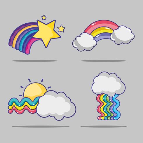 set arcoiris con estrellas y nubes de diseño vector