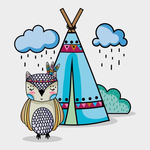 owl animal tribal with camp and clouds vector