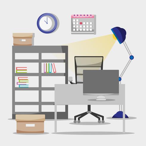 Piso de oficinas con escritorio y accesorios de trabajo. vector