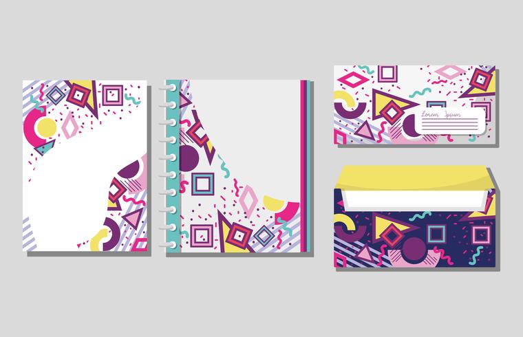 Memphis notebooks and envelopes mock up vector