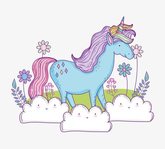 Unicornio lindo en las nubes con flores y hojas vector