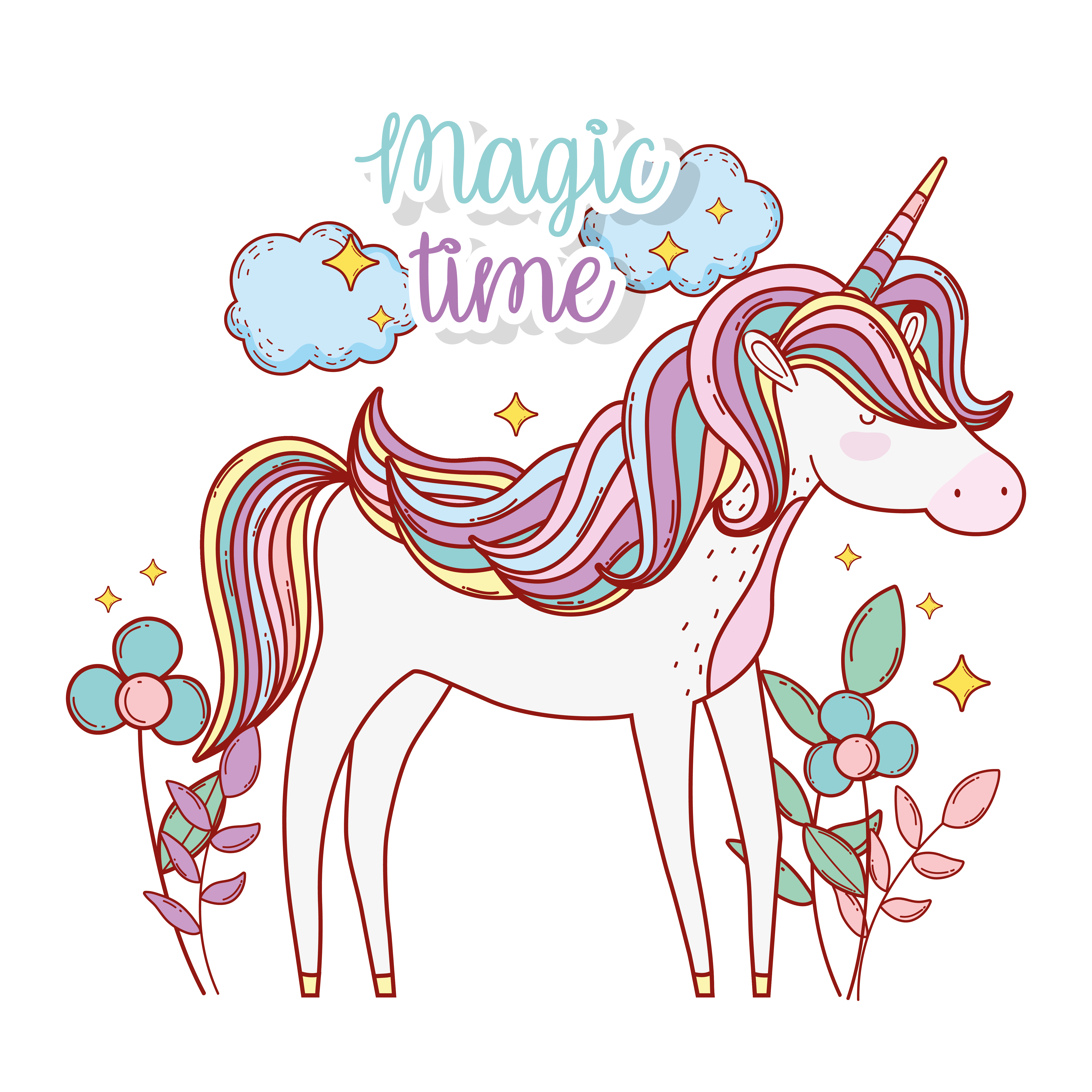 cute unicorn with flowers and leaves plants 637165 vector
