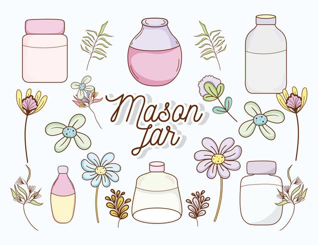 Mason jars with flowers vector