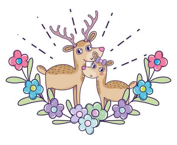 deer couple with flowers and leaves to valentine day vector