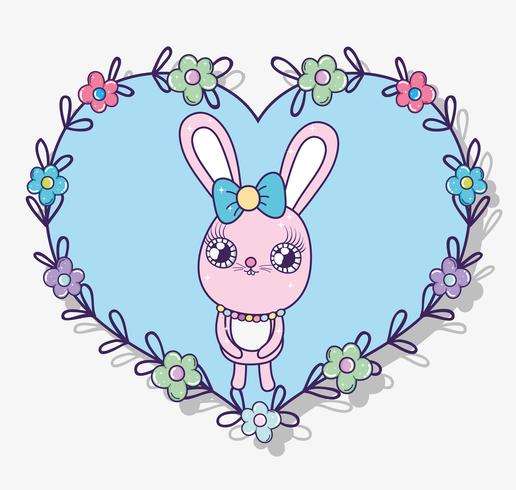 Conejo en forma de corazón con flores y decoración de hojas. vector