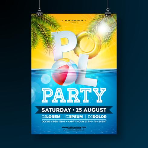 Plantilla de diseño de cartel de fiesta en la piscina de verano con hojas de palma, agua, pelota de playa y flotador sobre fondo azul marino bajo el agua vector