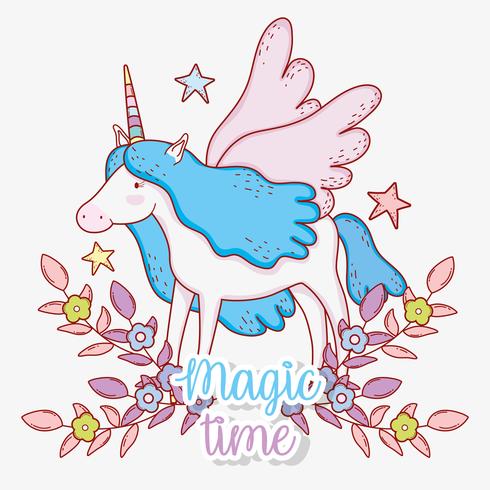 cute unicorn with horn and wings with flowers and leaves vector