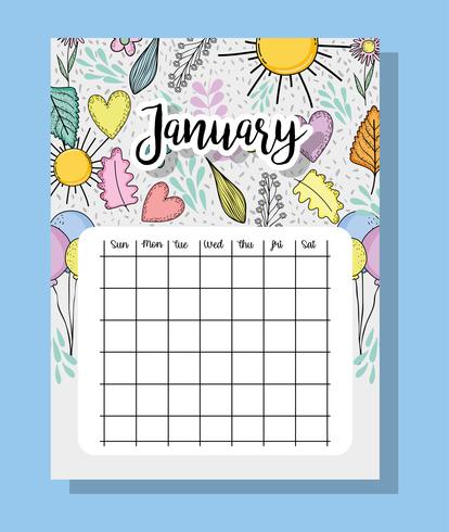 january calendar information with flowers and leaves vector