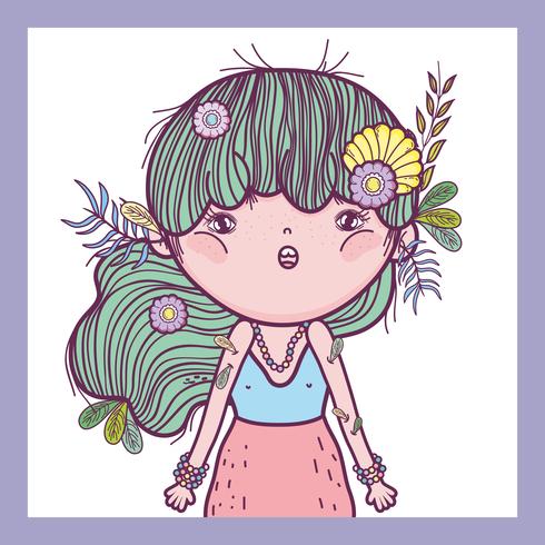 Niña defensora de criaturas con flores y hojas. vector