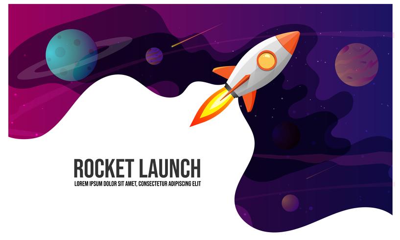 Rocket launch and space background with abstract shape and planets. Web design. space exploring. vector illustration