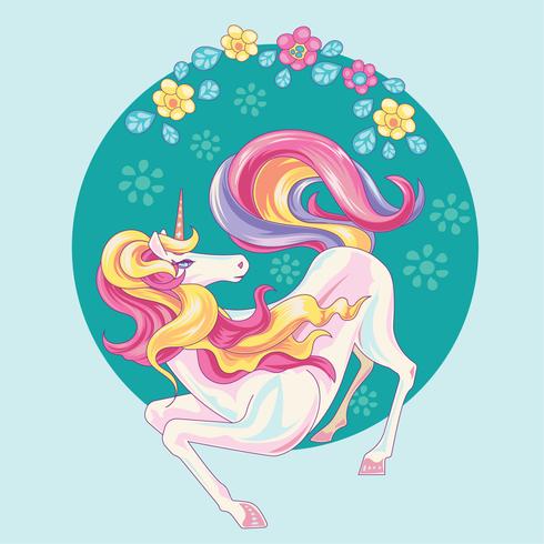 Lindo y hermoso unicornio mágico con flores vector