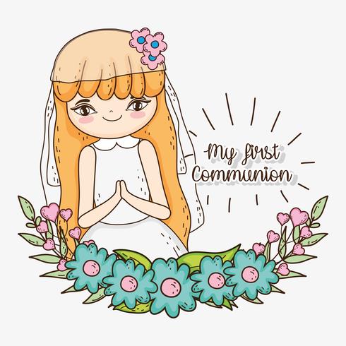 girl first communion with flowers and leaves vector