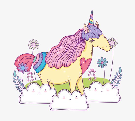 Unicornio animal en las nubes con flores y hojas. vector