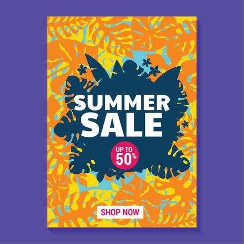 Summer Sale Illustration with Beach and Tropical Leaves Background vector