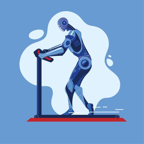 El robot corre en una cinta de correr haciendo deporte Fitness haciendo ejercicio en el concepto de gimnasio vector