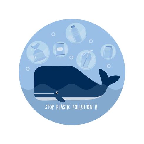 Stop ocean plastic pollution. Plastic garbage and whale in the ocean.  vector