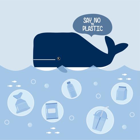 Stop ocean plastic pollution. Plastic garbage and whale in the ocean.  vector