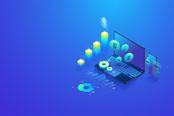 Isometric Investment and virtual finance, marketing management for investment, analysis and planning concept on computer and mobile screen vector