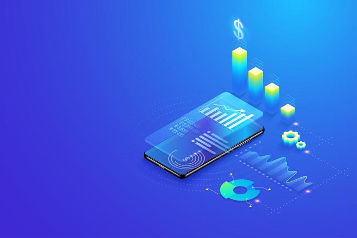 Análisis de datos móviles isométricos en 3D, vector de concepto de visualización, investigación, planificación, estadísticas y gestión de datos.