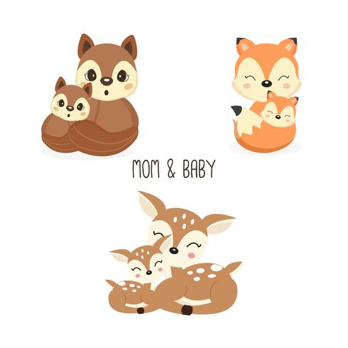 Set of cute family woodland animals. Foxes,Deer,Squirrels cartoon. vector
