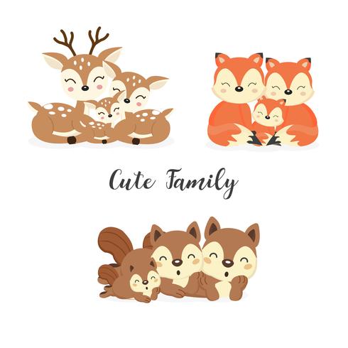 Conjunto de lindos animales de la familia del bosque. Zorros, ciervos, dibujos animados de ardillas. vector