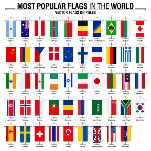 Flags on poles, most popular world flags vector